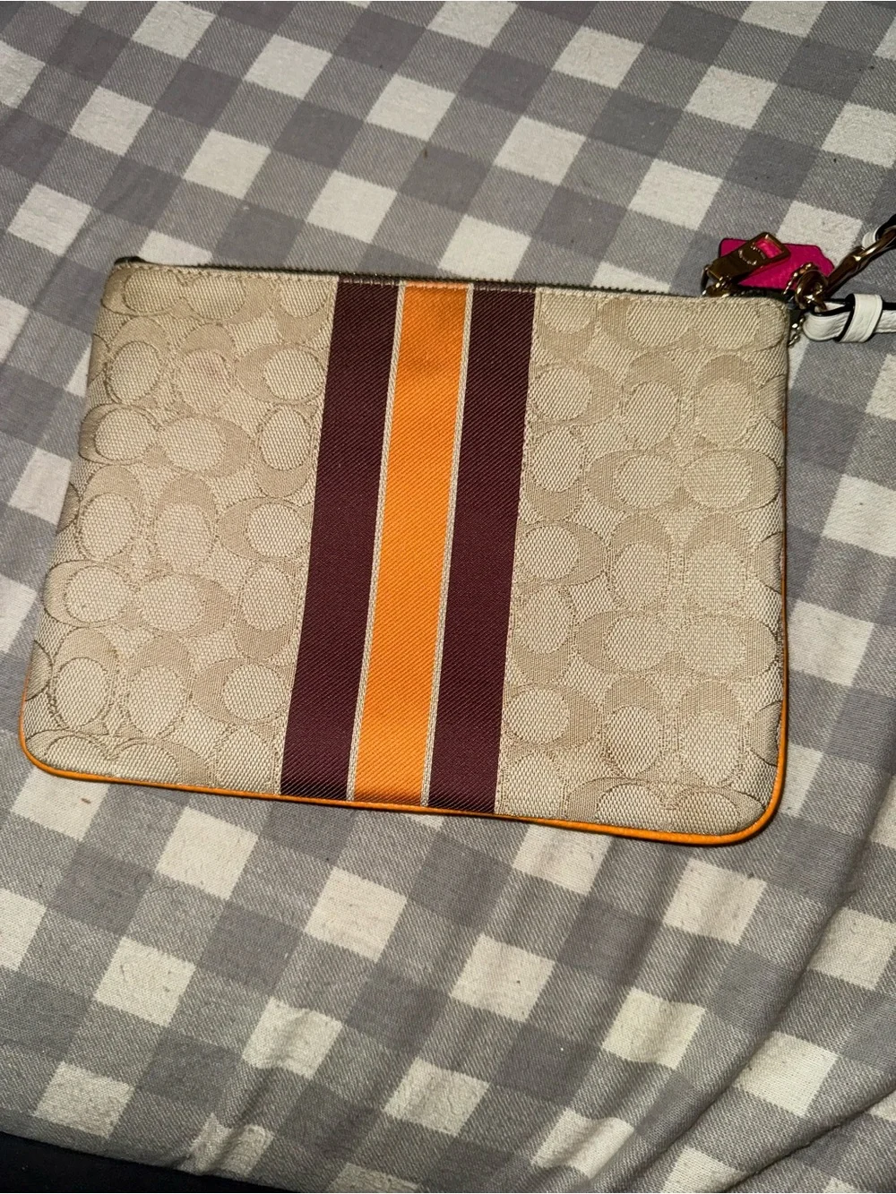 Coach Beige Signature Canvas Wristlet with Pink Logo Medallion and Orange Stripe - Picture 3 of 4